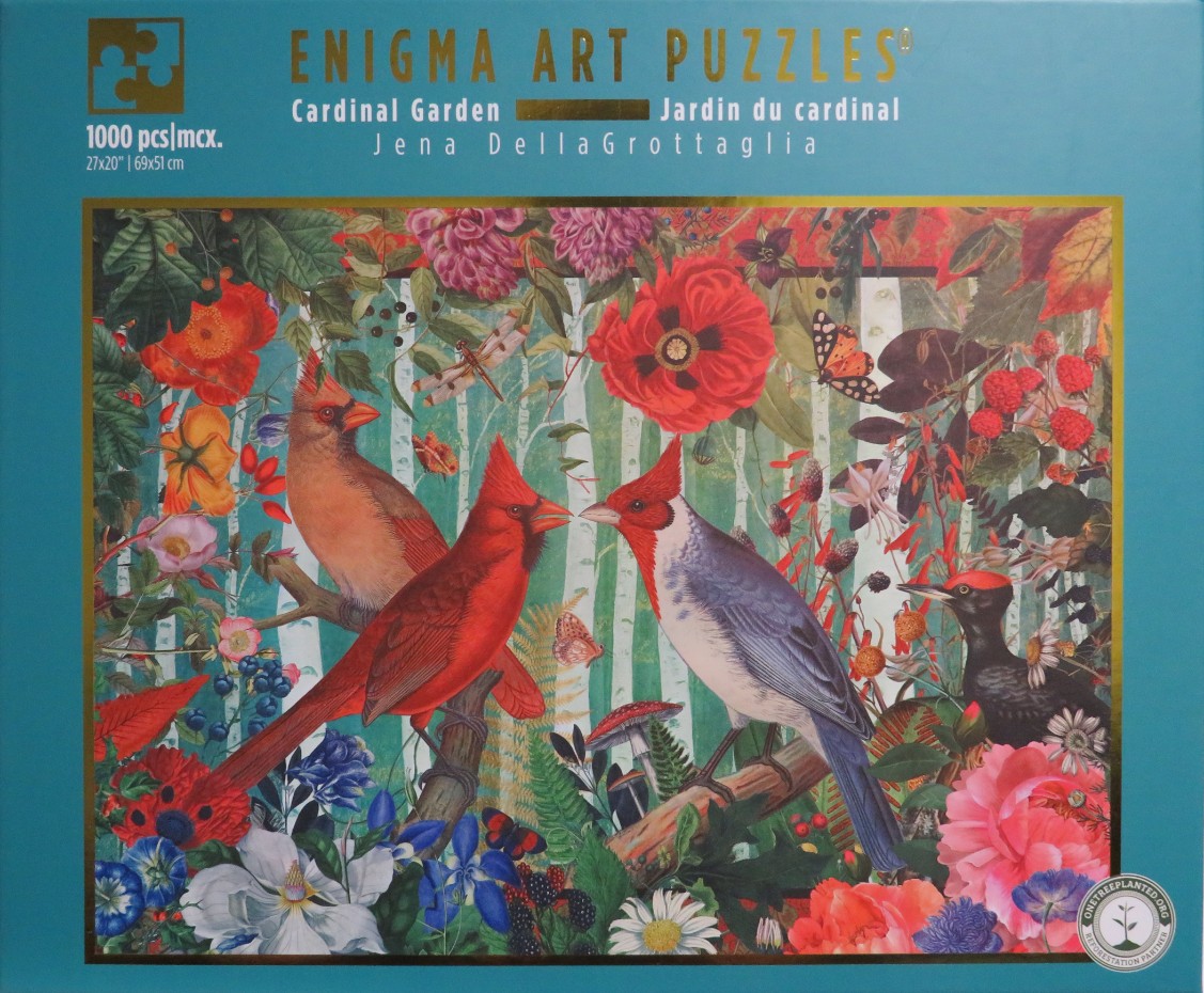 An illustration of cardinals and other birds nestled among lush flowers, berries, and a birch forest background.