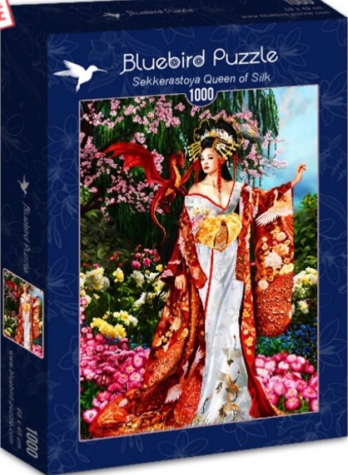 A fantasy illustration of a woman in an ornate red and white kimono standing in a vibrant flower garden.