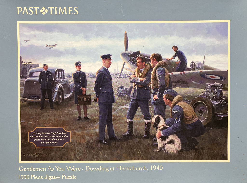 Painting of Air Chief Marshal Hugh Dowding speaking to RAF fighter pilots at an airfield during WWII.