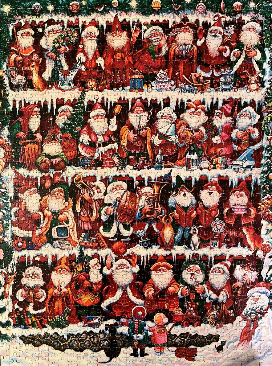 A whimsical illustration of many Santas engaged in various activities, organized in horizontal tiers.