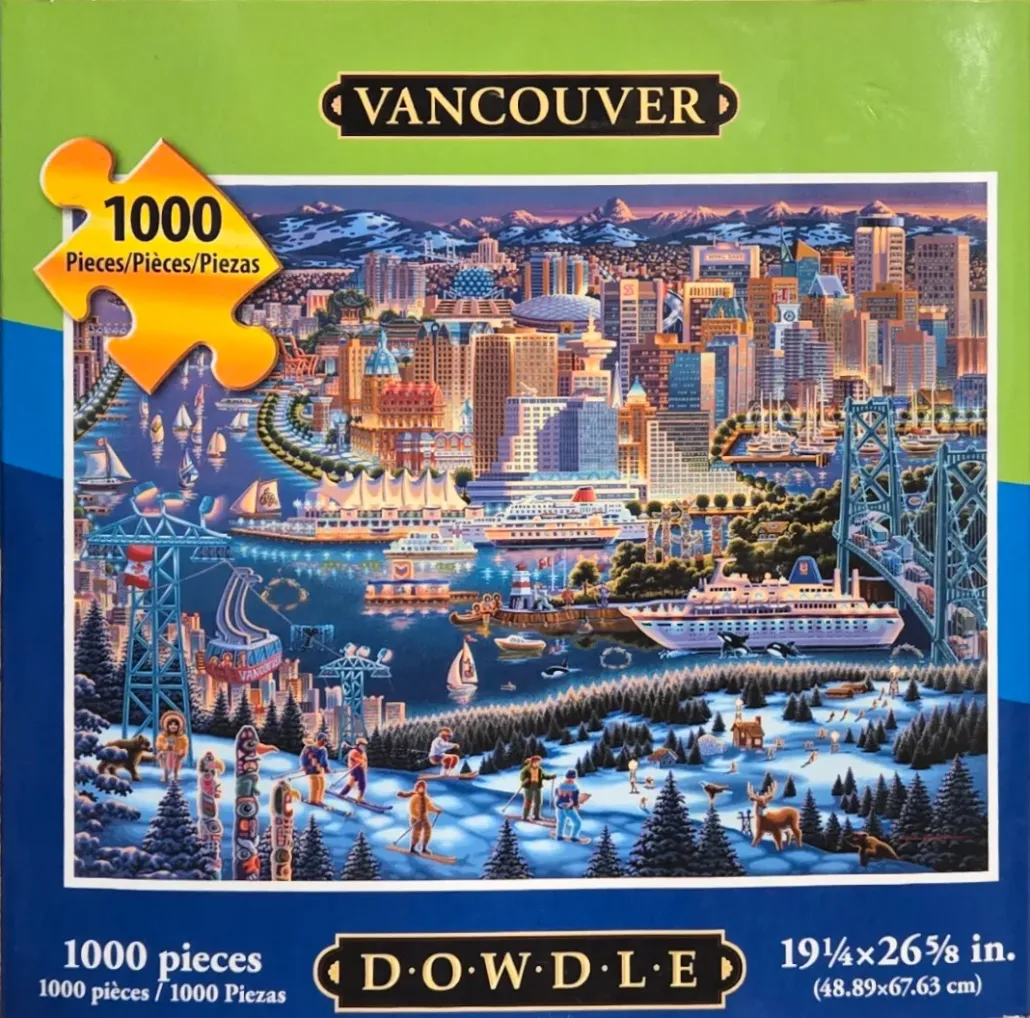 Folk art style illustration of the Vancouver skyline at dusk with a snowy mountain foreground.