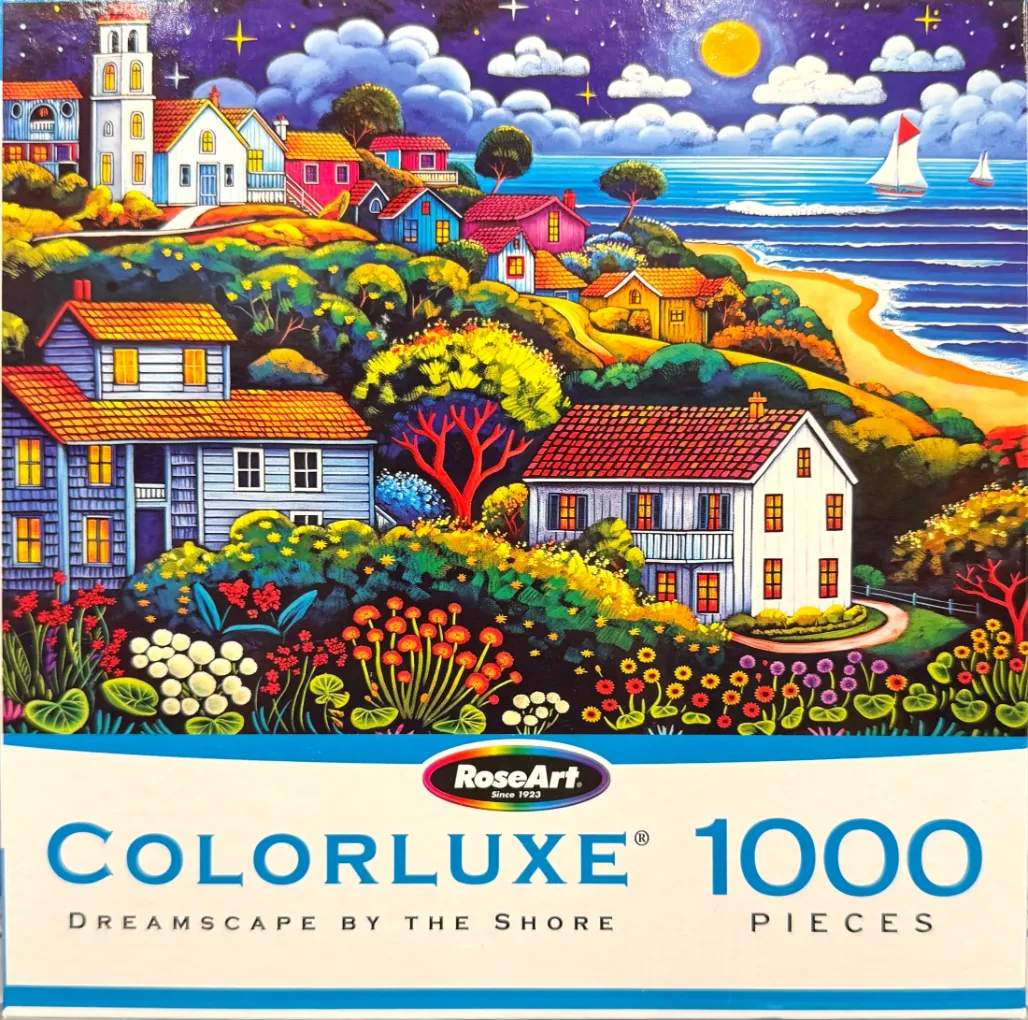A vibrant folk art illustration of a coastal village at night with glowing houses and a full moon over the ocean.