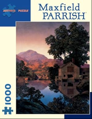 A Maxfield Parrish painting of a rustic house by a calm lake with mountains in the background at sunset.