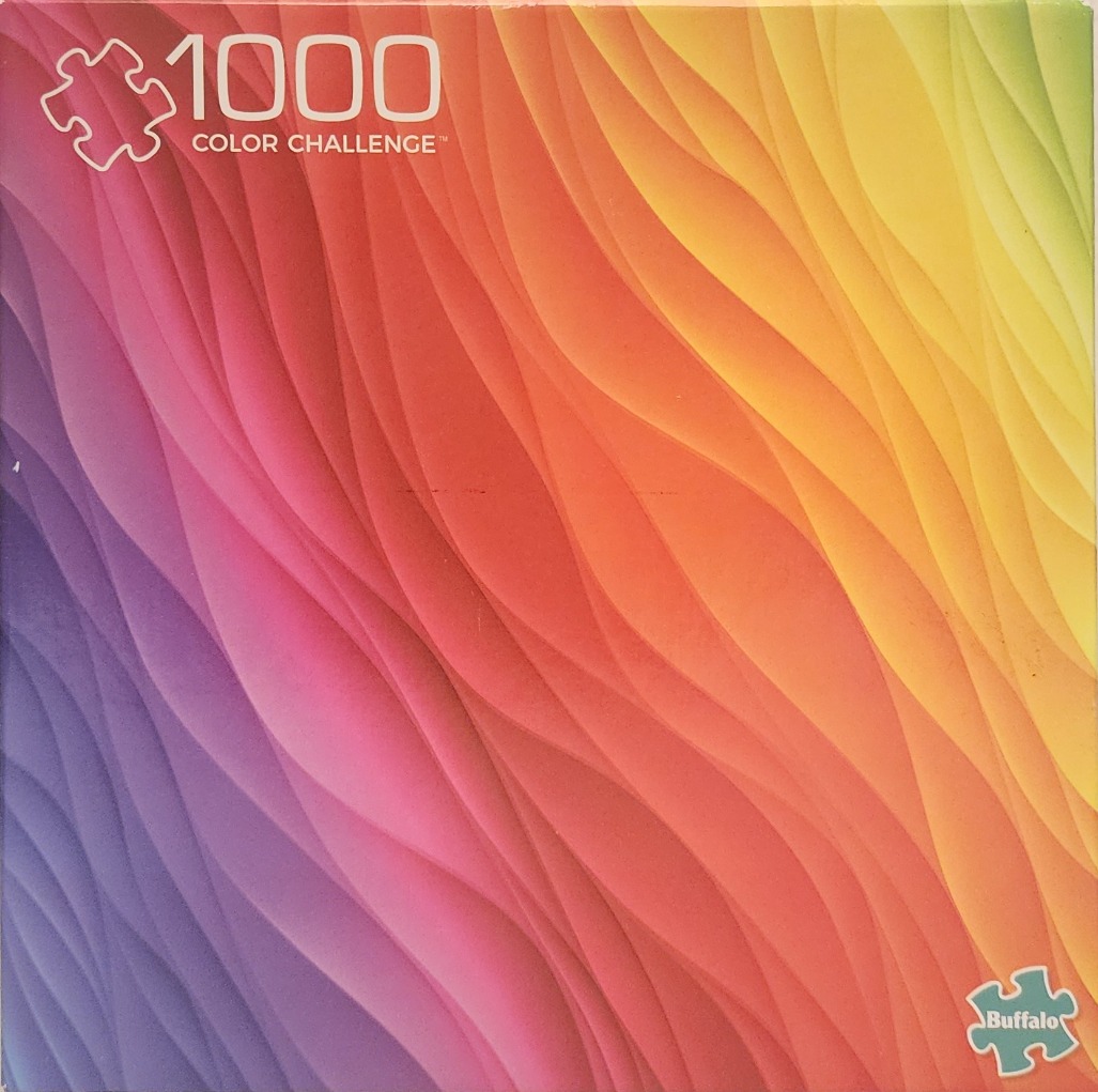 Abstract artwork with flowing diagonal waves of vibrant rainbow colors.