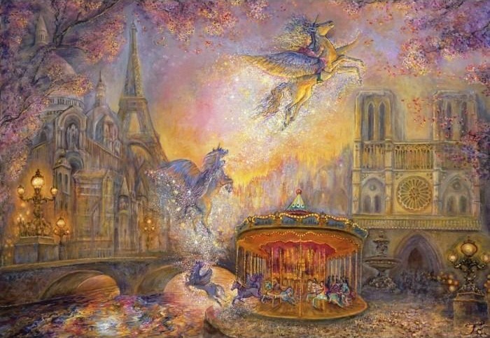 A fantasy illustration of winged horses over a Parisian-style scene with a carousel.