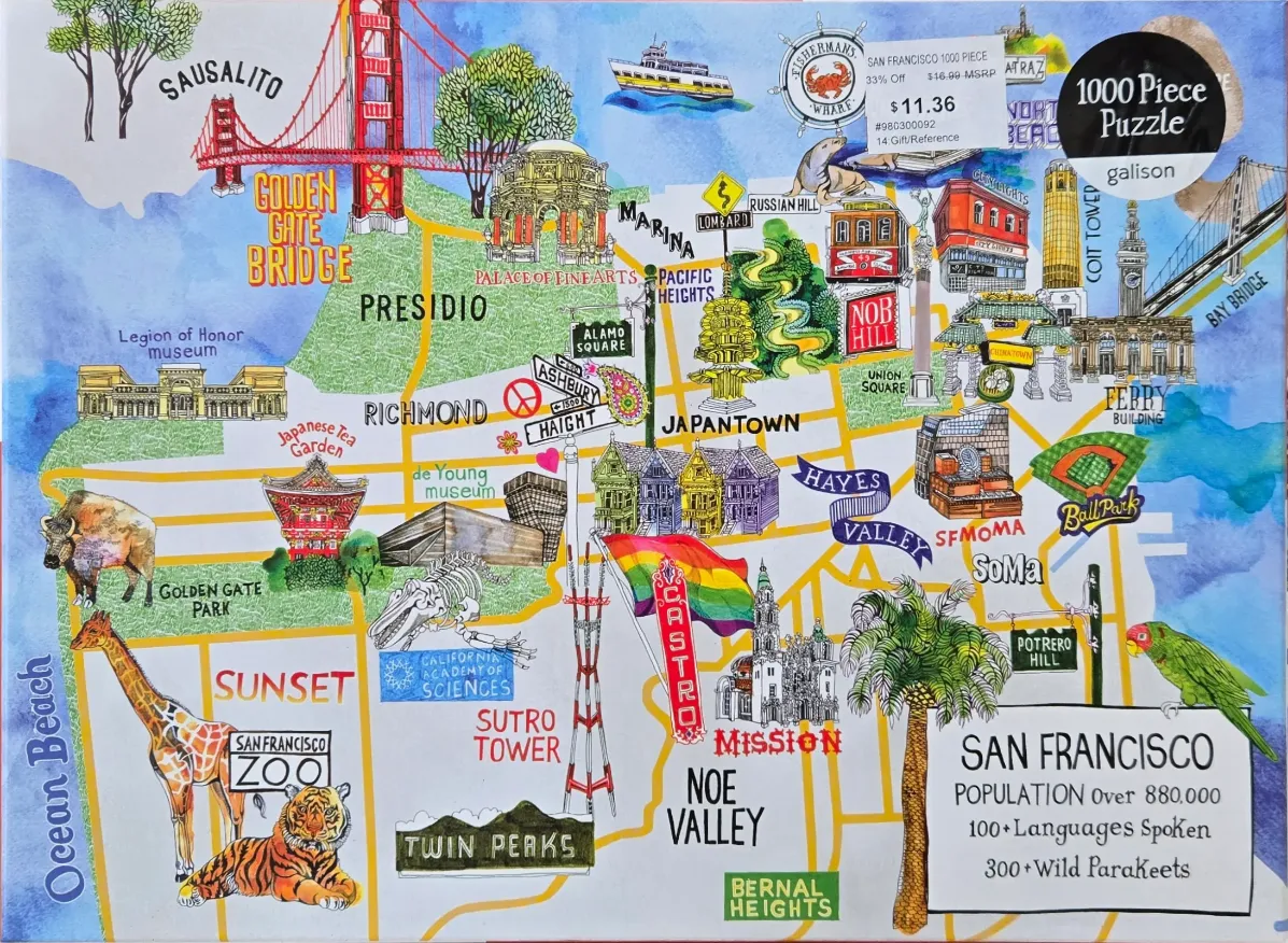 Illustrated map of San Francisco showing iconic landmarks, neighborhoods, and animals.