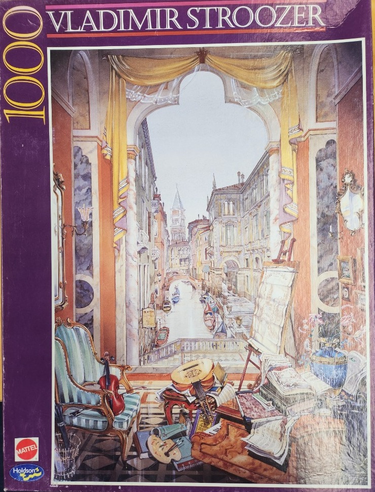 Venetian canal scene with ornate interior, instruments, and art supplies.