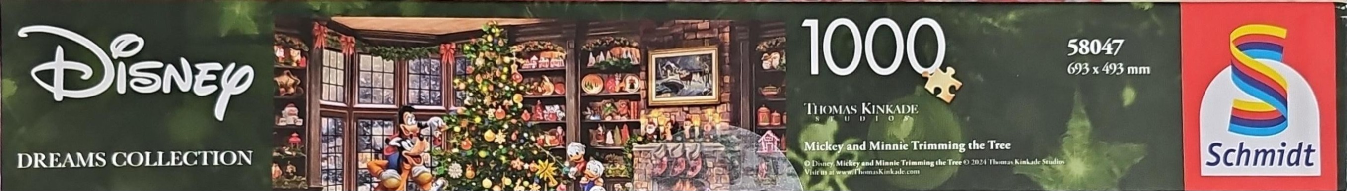 An illustration of Disney characters decorating a Christmas tree in a cozy, book-lined room.