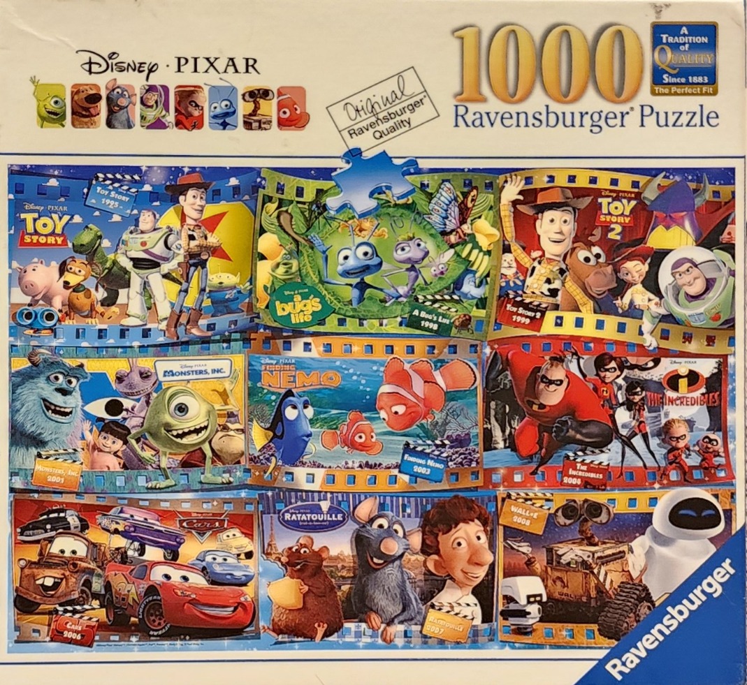 Collage of various Disney Pixar film characters arranged in a film strip design.