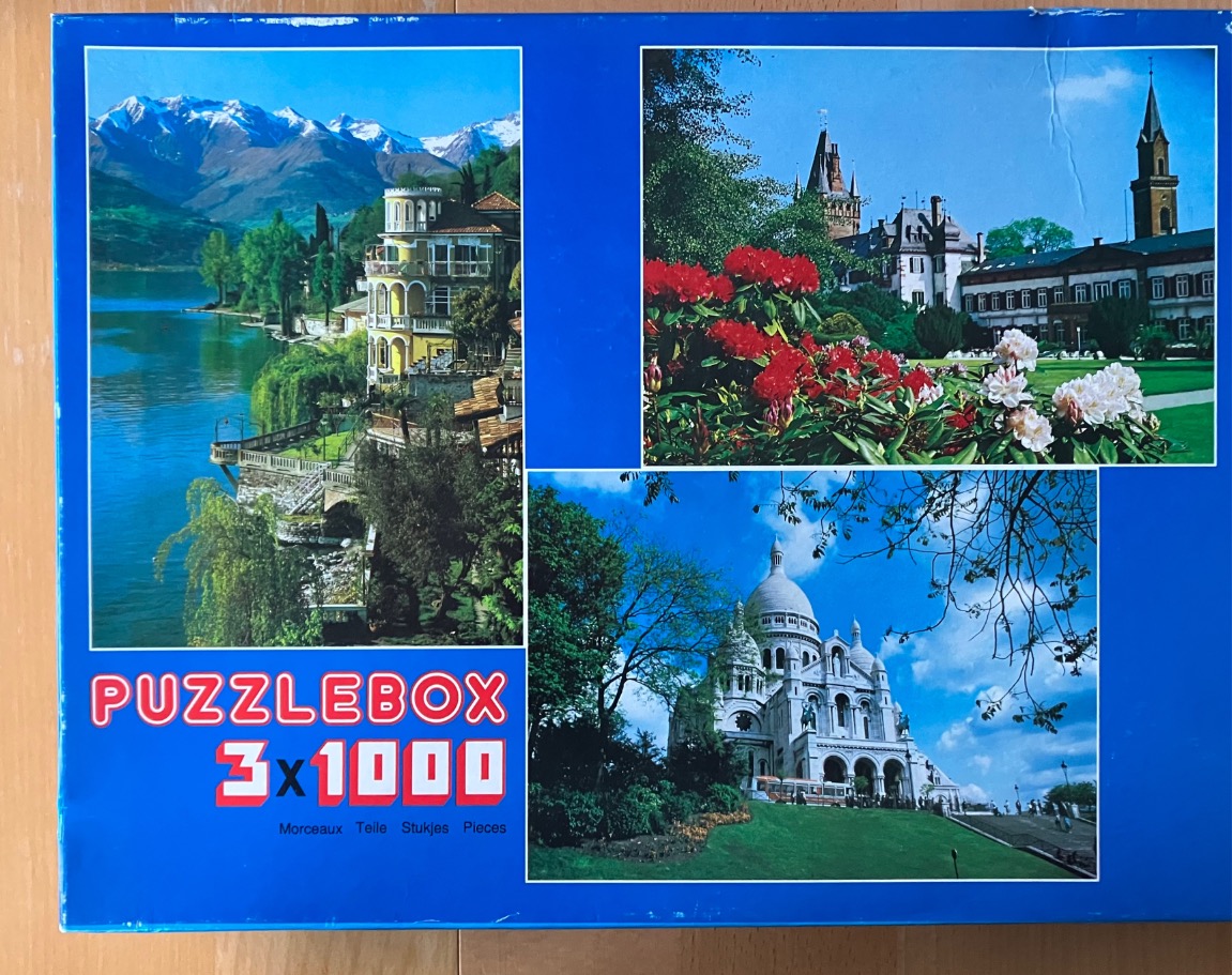 A collage of three European landmarks including a lakeside villa, a floral garden with a manor, and the Sacré-Cœur.