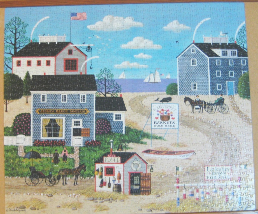 A whimsical folk art painting of a coastal Nantucket scene with buildings, a carriage, and ocean views.