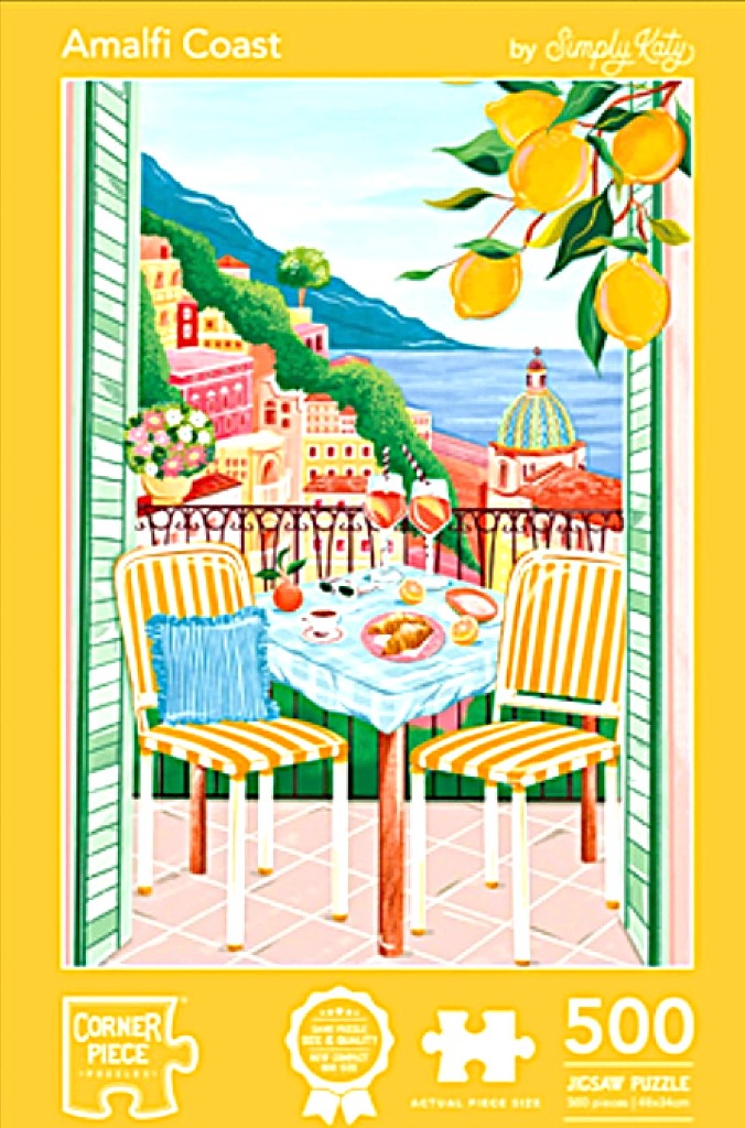 An illustration of a breakfast balcony overlooking a sun-drenched Mediterranean coastal town.