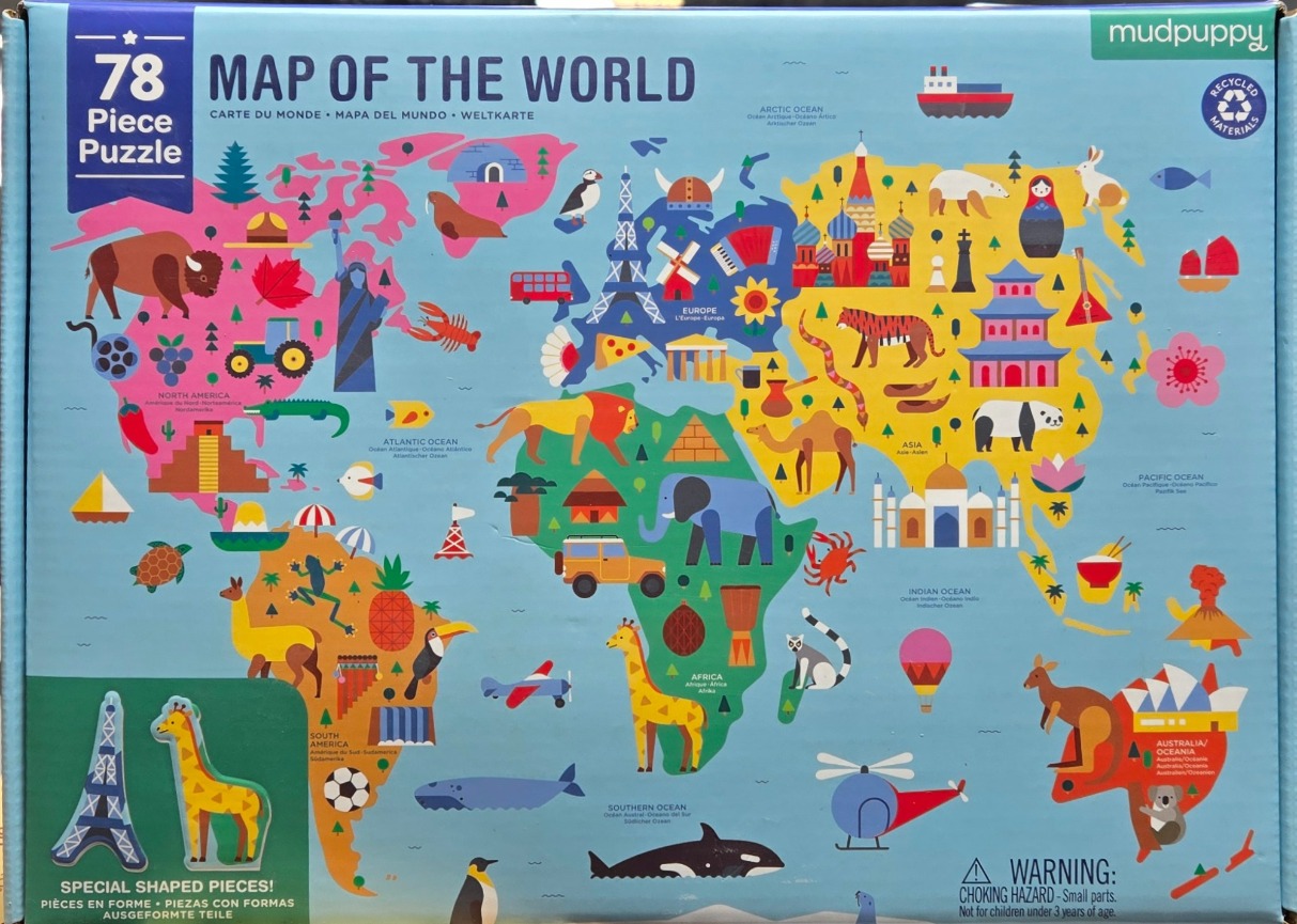 A vibrant, stylized world map illustration featuring colorful animals, landmarks, and cultural icons for each continent.