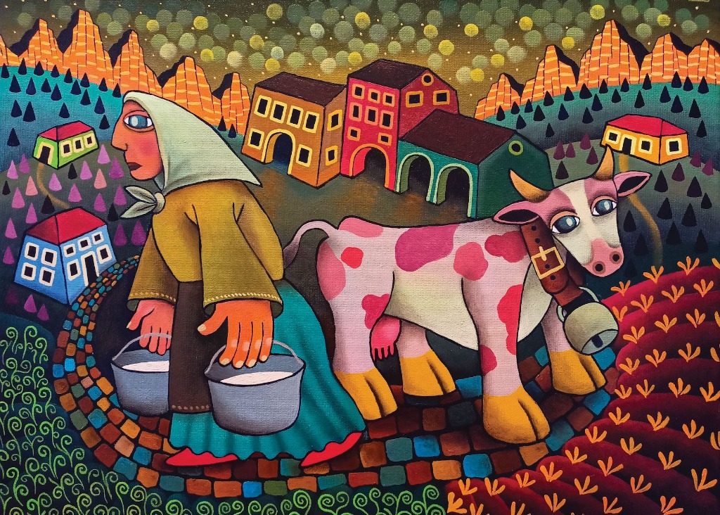 Stylized folk-art scene of a woman carrying milk buckets next to a spotted cow in a village.