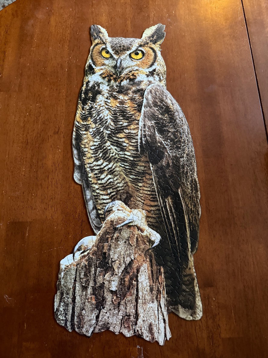 A realistic die-cut image of a Great Horned Owl perched on a tree stump.