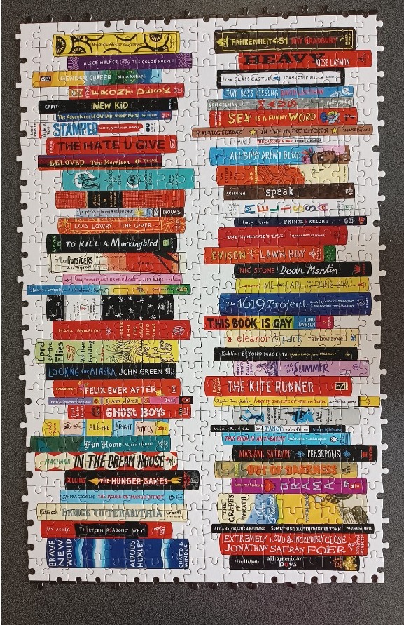 A collection of illustrated book spines stacked in two vertical columns on a white background.