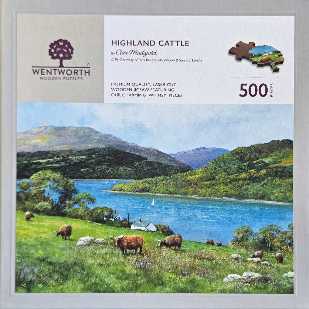 An oil painting of Highland cattle grazing in a green meadow by a lake with mountains in the background.
