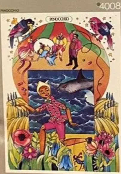 Stylized illustration of Pinocchio against a backdrop of a circus tent and a stormy sea.