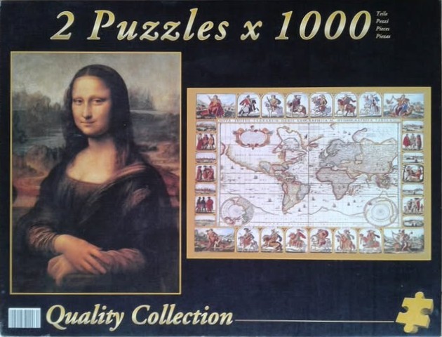 A collection containing the Mona Lisa portrait on the left and a vintage world map on the right.