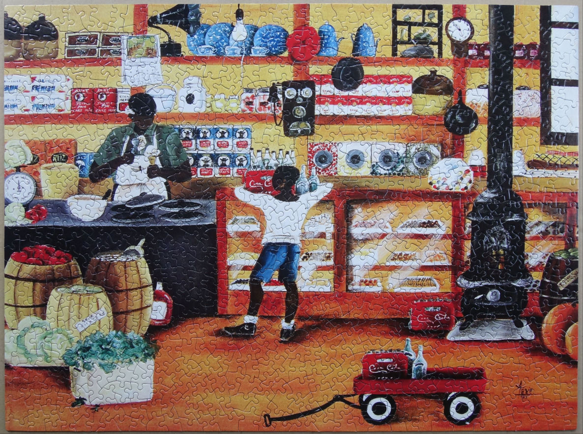 A nostalgic painting of an old-fashioned general store with a shopkeeper, a child, and various vintage goods.