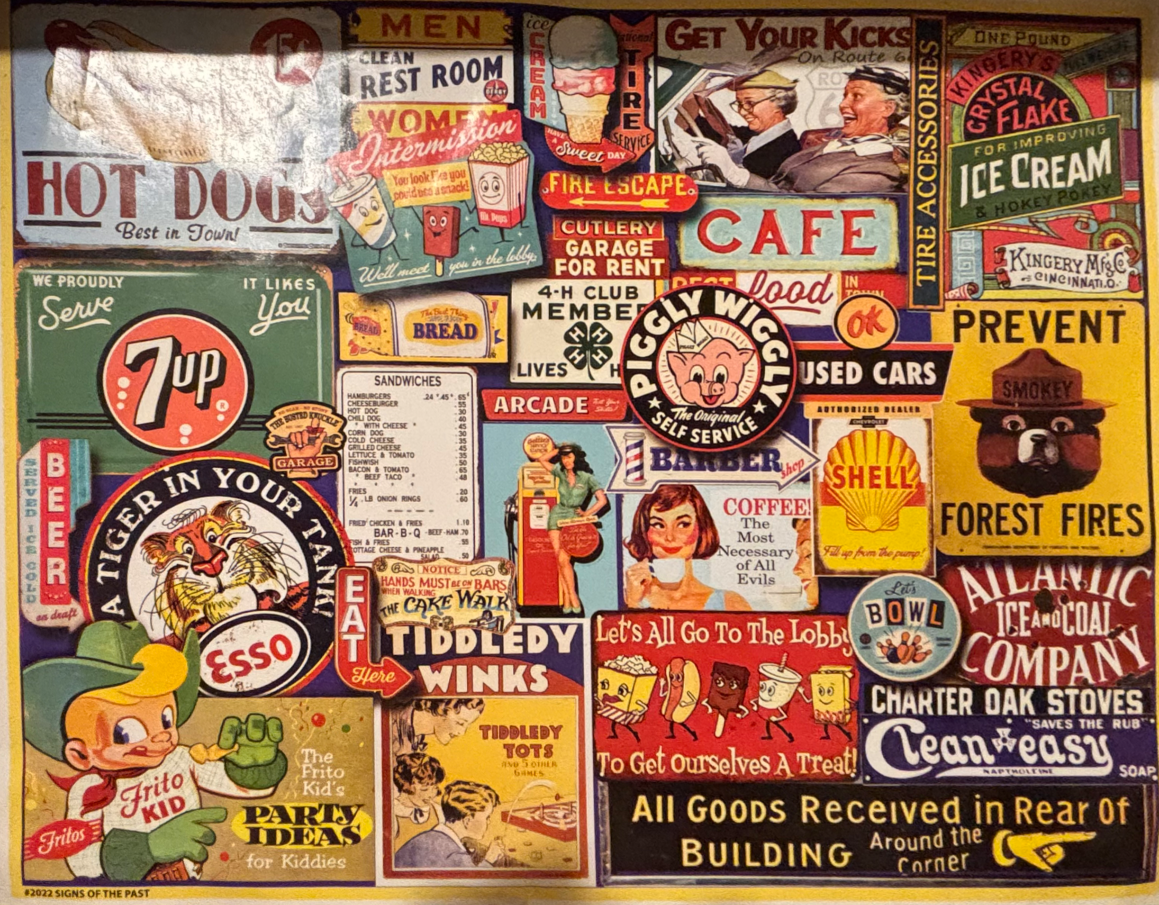 A collage of various vintage-style advertising signs, logos, and mascots in a chaotic, overlapping layout.