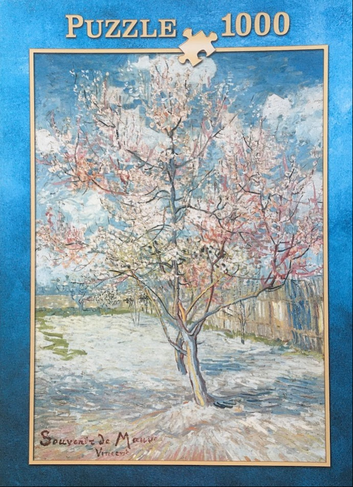 Painting of a blooming peach tree in a snowy field by Vincent van Gogh