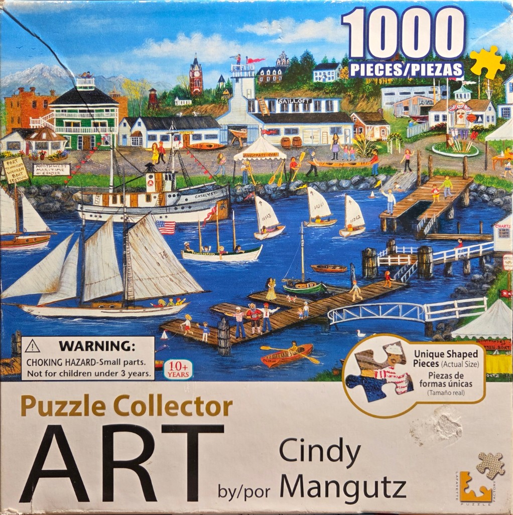 A sunny, detailed folk art harbor scene featuring a wooden boat festival with various ships and people on the waterfront.
