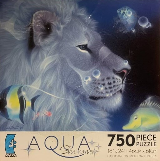 A surreal illustration of a white lion head underwater surrounded by tropical fish and bubbles.