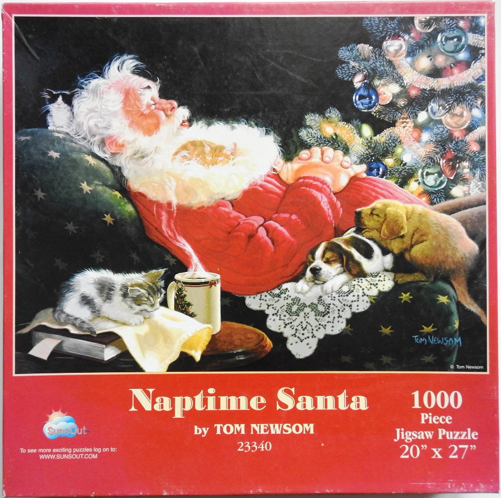 A painting of Santa Claus asleep in a chair with his pets, beside a decorated Christmas tree.