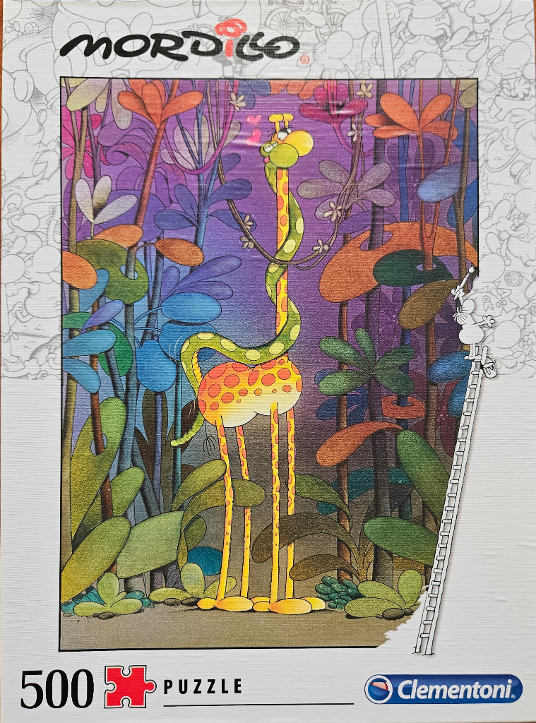 A whimsical illustration of a giraffe with a snake wrapped around its long neck in a colorful, stylized forest.