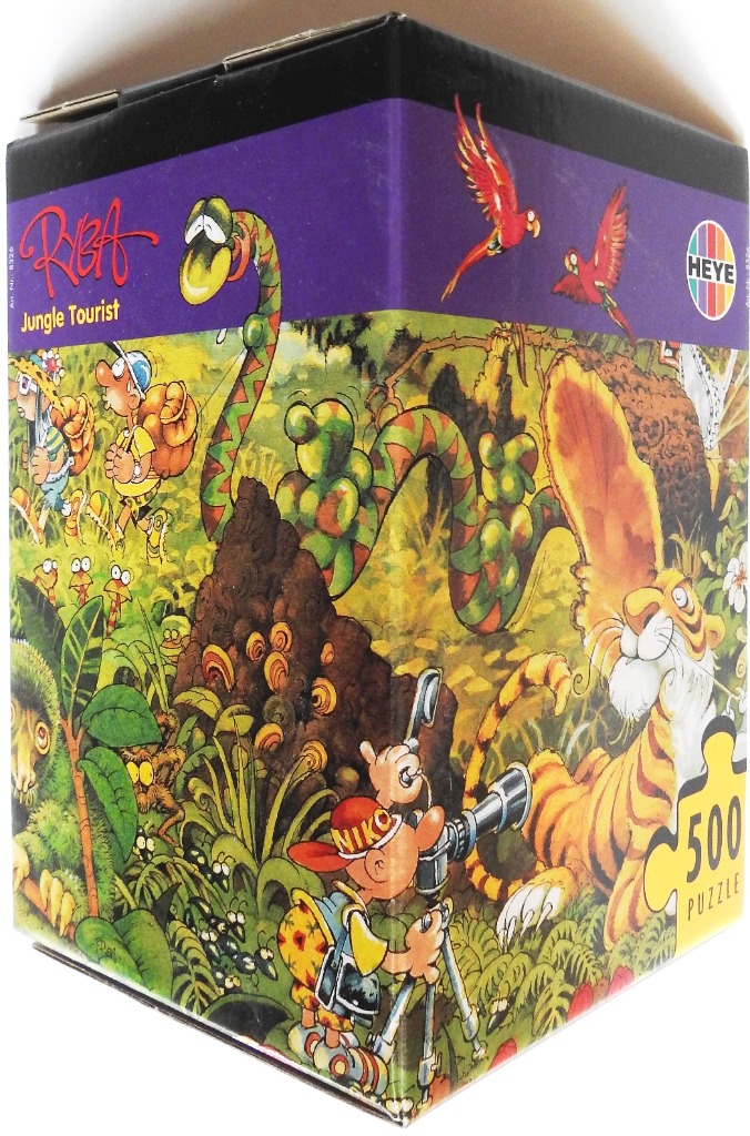 Cartoon illustration of a tourist photographing a tiger in a dense, humorous jungle setting.