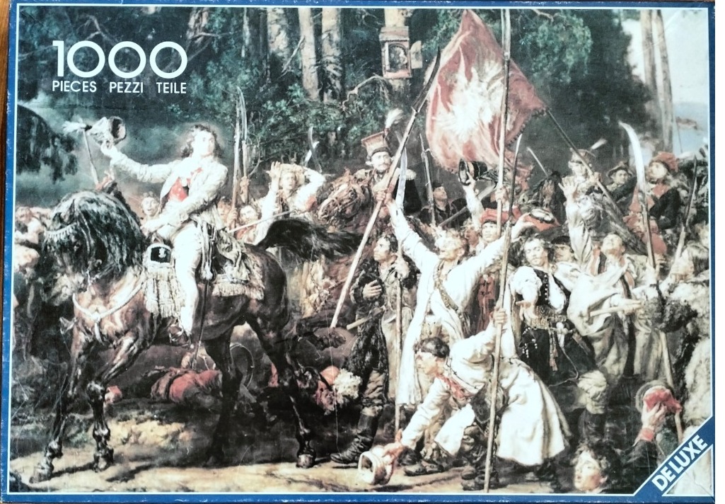 Historical oil painting of an 18th-century cavalry charge or battle scene with a prominent leader on horseback.