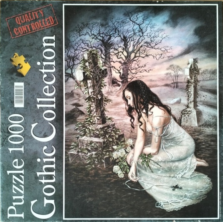 A gothic illustration of a woman in a white dress kneeling by a stone cross in a graveyard.