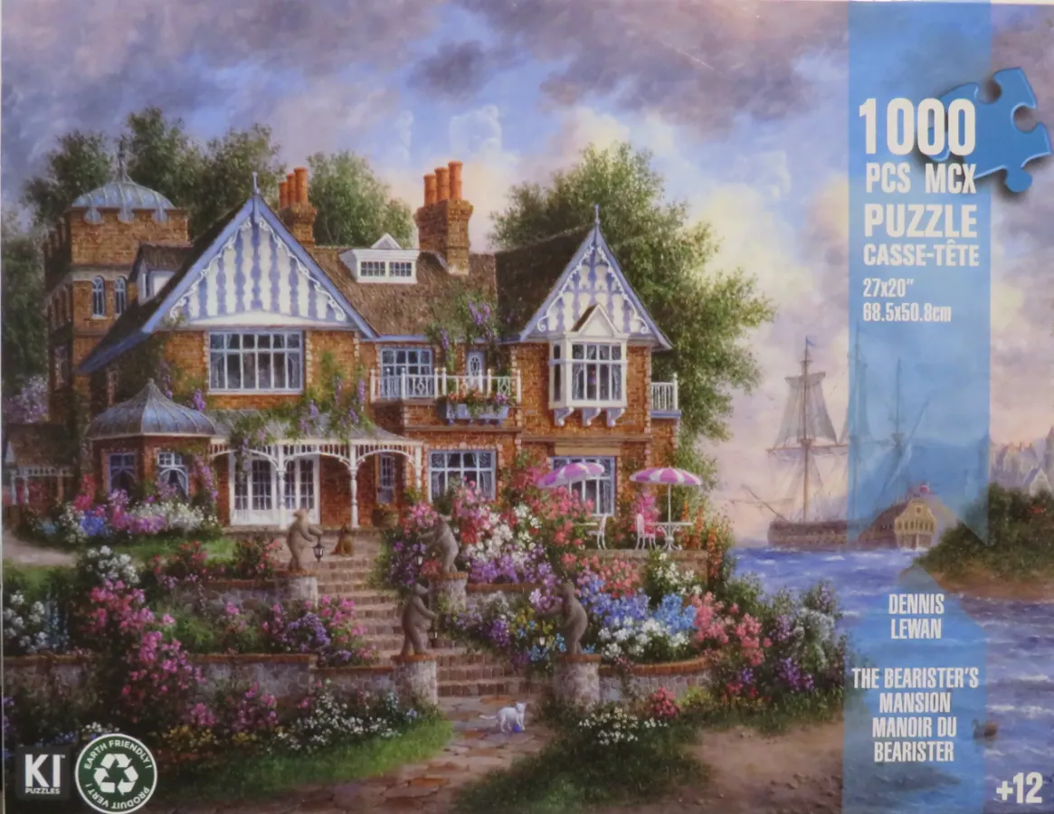 A stately brick mansion overlooking a harbor with teddy bears in the garden.