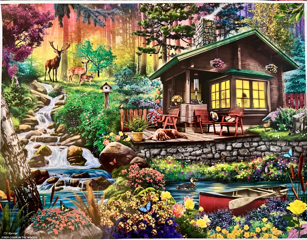 A cozy log cabin nestled in a lush, sun-drenched forest with a stream, deer, and wildlife.