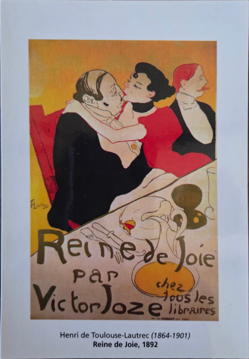 A vintage illustration depicting a woman in a red dress kissing a man in a formal suit at a table.