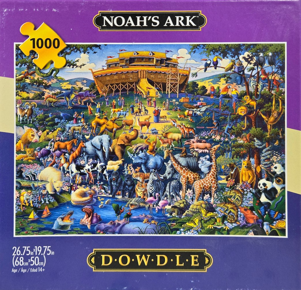 A whimsical illustration of Noah's Ark teeming with a massive variety of animals.