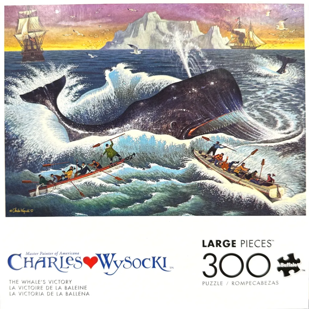 A whaling scene featuring a large whale breaching near two small wooden boats on a choppy ocean under a sunset sky.