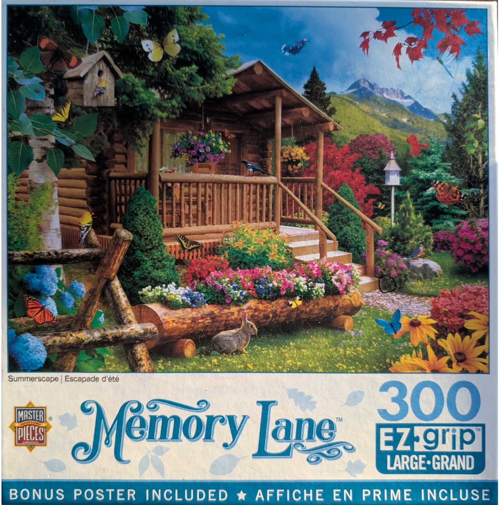 A cozy log cabin in a lush, floral garden setting with many butterflies and birds.
