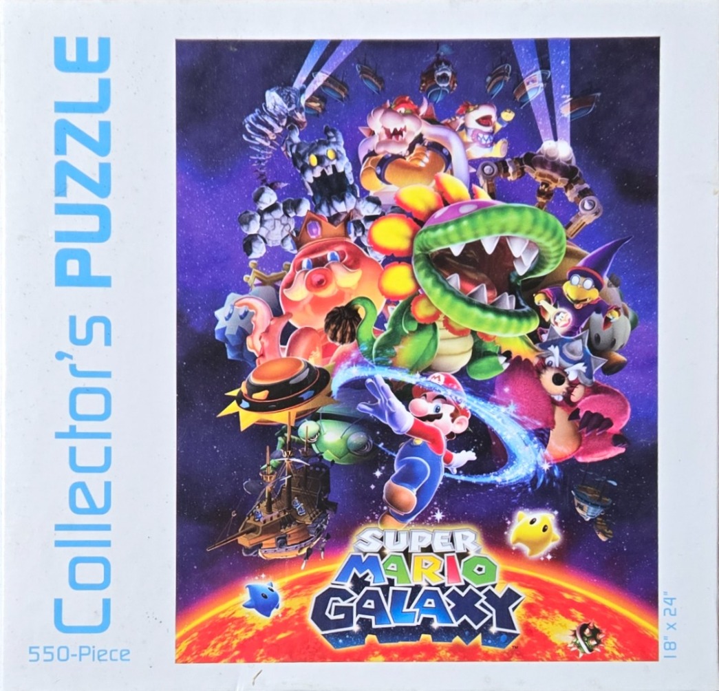 An illustration of Mario and various villains from the Super Mario Galaxy video game set against a space backdrop.