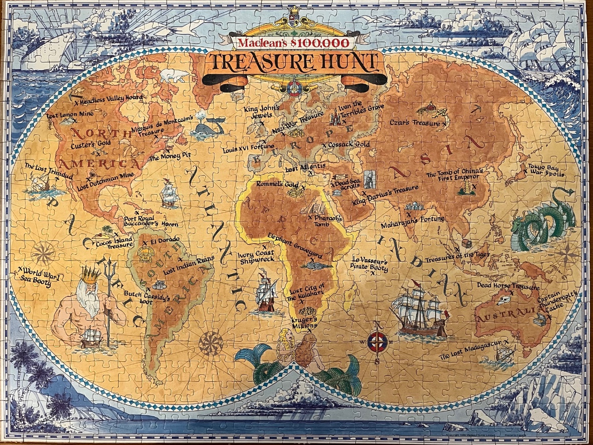 An illustrated map titled Maclean's $100,000 Treasure Hunt featuring global locations marked with X's.