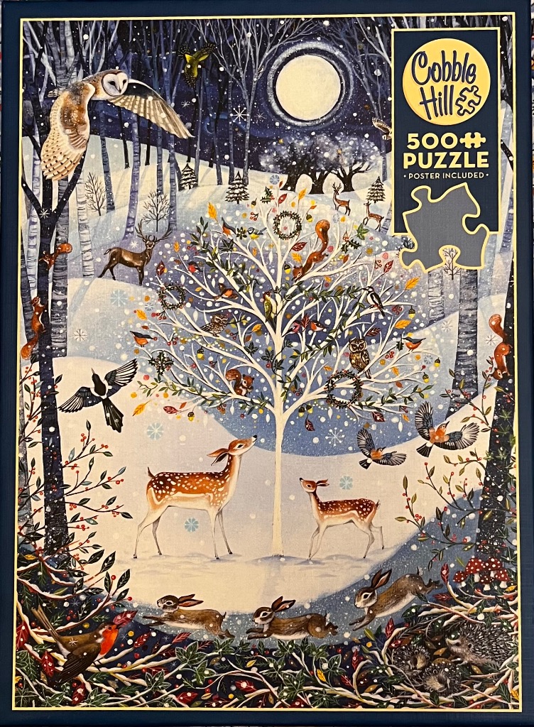 Illustration of a winter forest with a central tree surrounded by deer, birds, and small animals under a full moon.