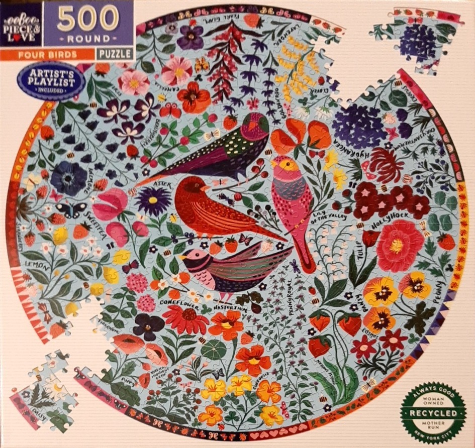 Circular illustration featuring four birds surrounded by various labeled botanical flowers and insects on a blue background.