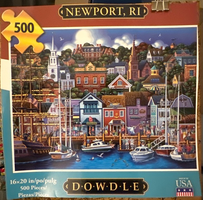 Folk-art style illustration of Newport, Rhode Island, featuring a bustling harbor with boats, historic buildings, and shops