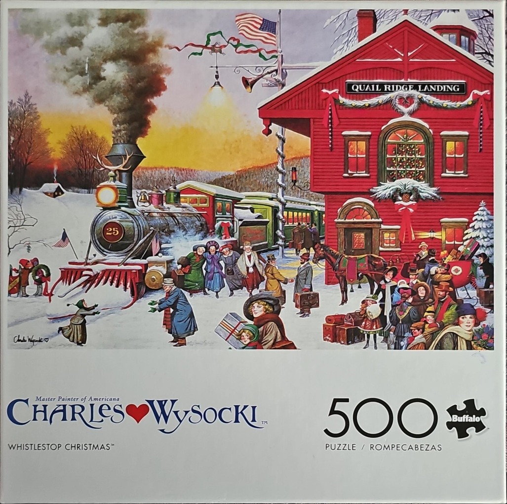 A festive illustration of a vintage steam train arriving at a red train station named Quail Ridge Landing during winter.