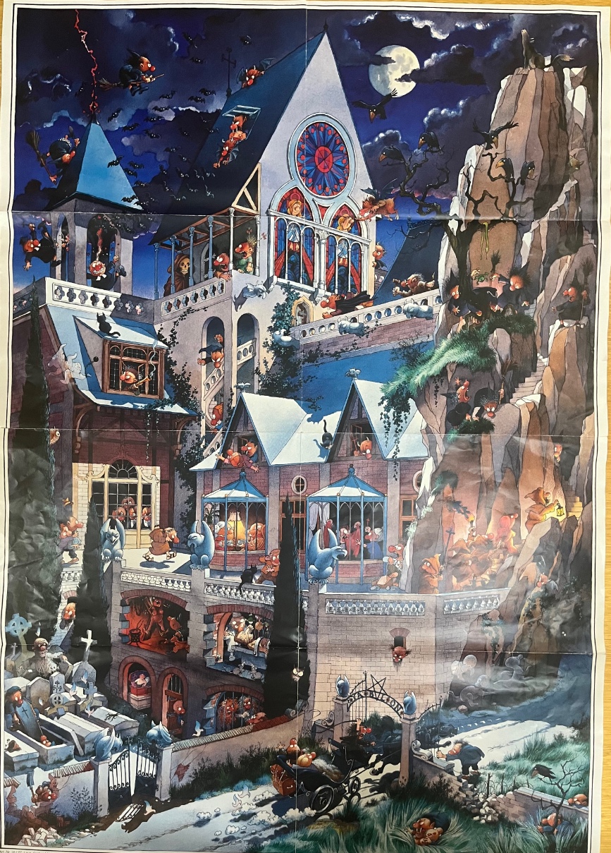 A gothic mansion at night populated by cartoon goblins and supernatural creatures.