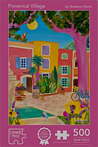 Painting of a vibrant, sunny Provençal village square with a stone fountain and colourful buildings.