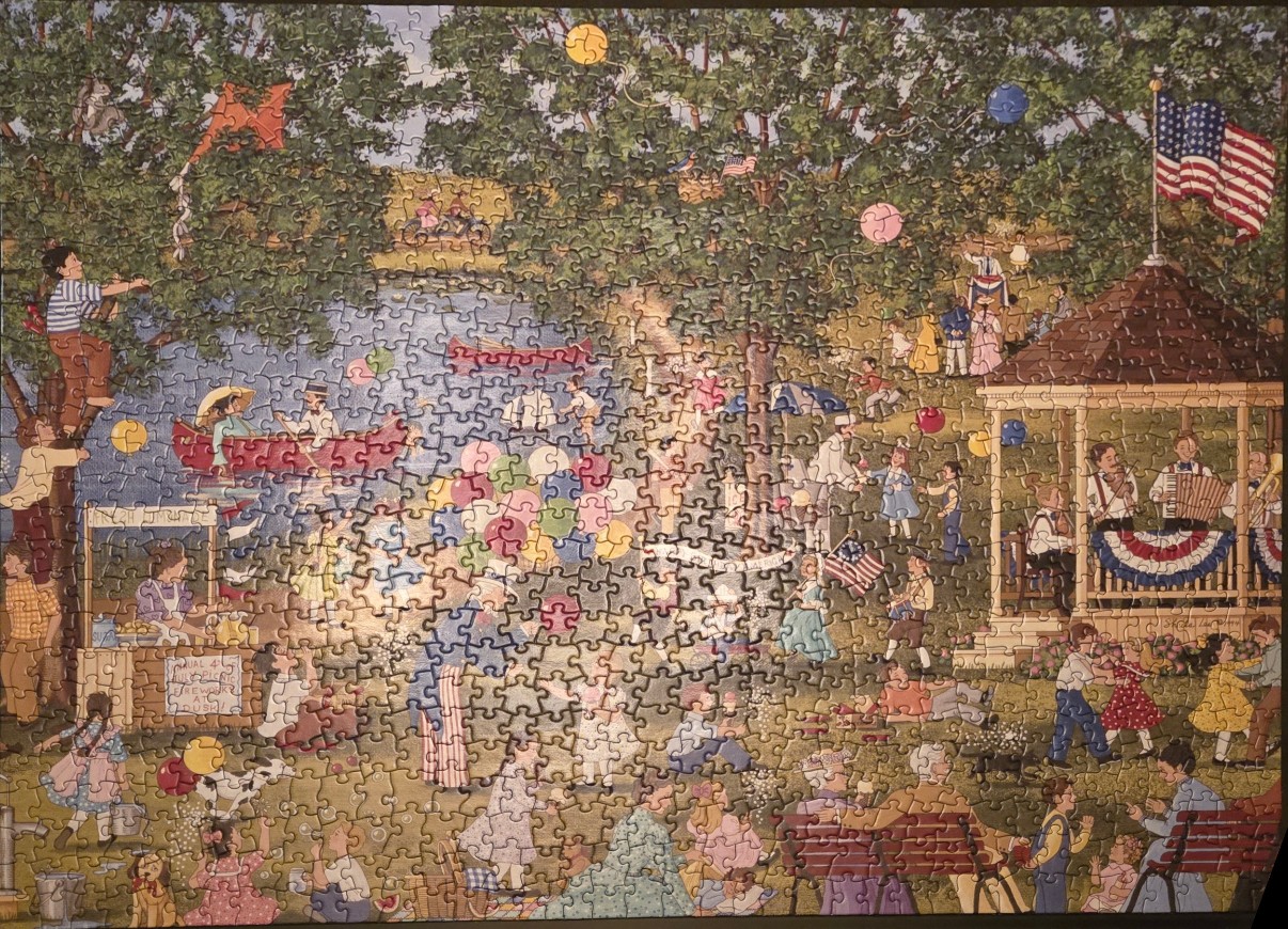 A busy illustration of an outdoor 4th of July park celebration with a gazebo, a pond, and many people enjoying festivities.