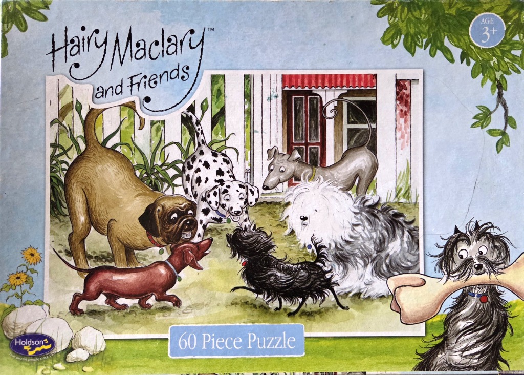 Watercolor illustration of a group of playful dogs including a dachshund, dalmatian, and a scruffy black terrier.