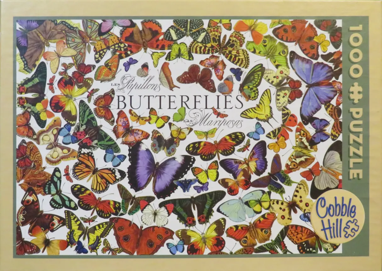 A collage of diverse, colorful butterflies arranged on a light background with central text.